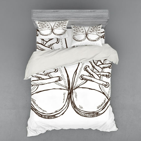 Ambesonne Hipster Bedding Set 4 Pcs, Sneakers Teen Life Art, Queen, Dark Brown White