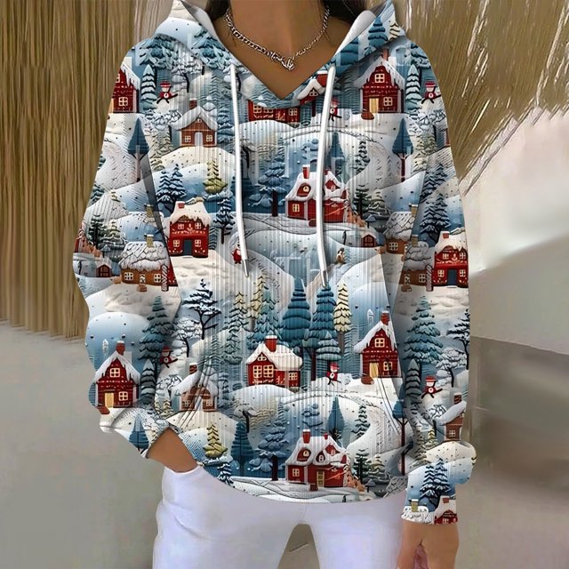Chandails d'Hiver Grande Taille pour Femmes Chandails à Capuche à Manches Longues Col Rond Imprimé de Noël Décontracté à la Mode pour Femmes Blanc TTG