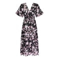 thumbnail image 3 of Pntutb Women Dress Short Sleeve V-Neck Flowers Print Beach Leisure Long Dress, 3 of 5