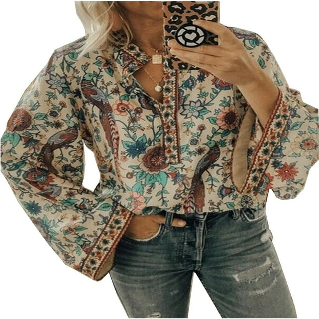 EIMELI Hauts Amples Décontractés à Manches Longues Boho pour Femmes Blouse Tunique Hippie Gitane
