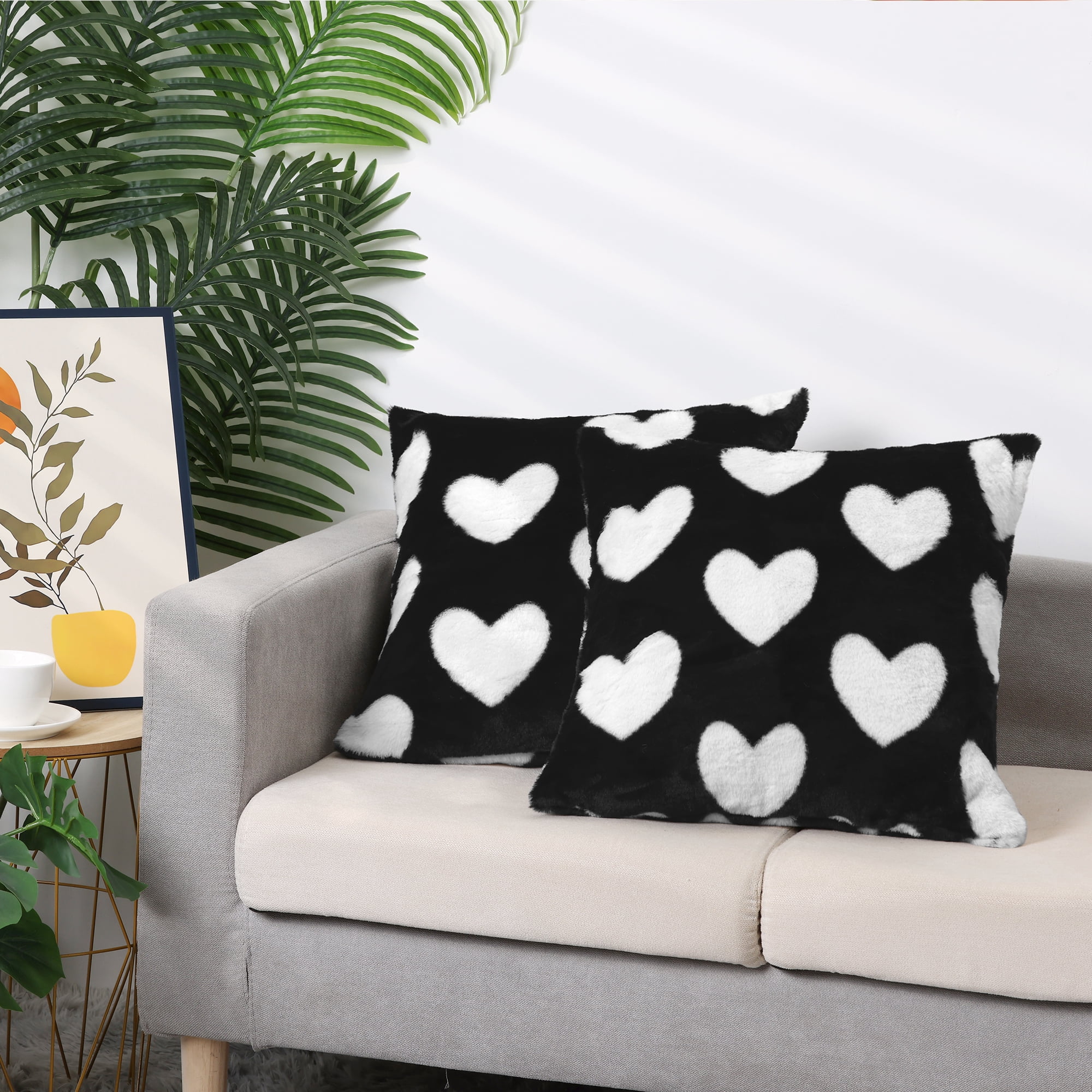 Unique Bargains Cute Cartoon Heart Pattern Soft Throw Decorative Pillow Covers 2 Packs Black 20" x 20"