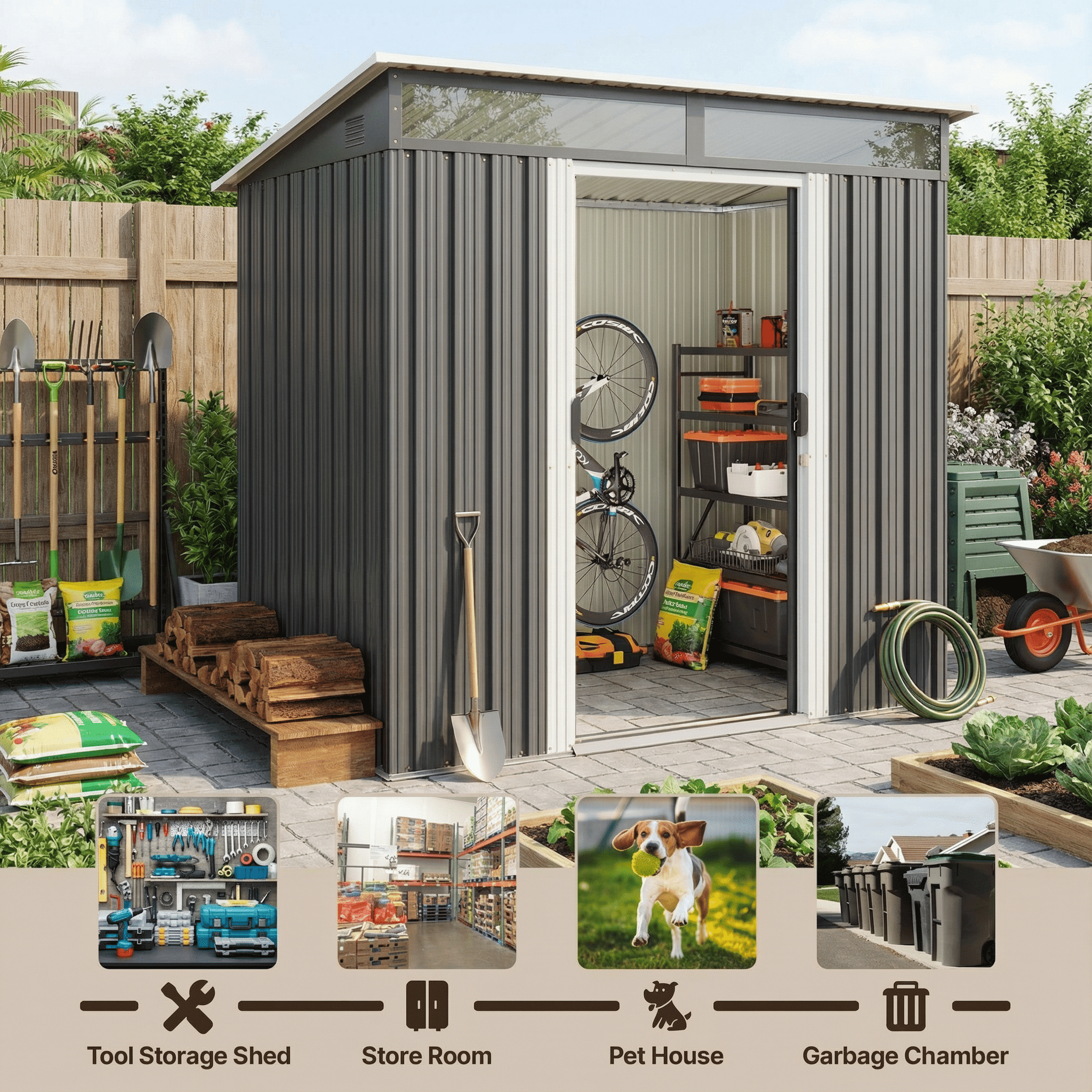 6'x4' Metal Outdoor Storage Shed, Lockable Sliding Doors & Transparent Windows, Multi-functional Tool/Bike Shed for Backyard & Patio, Light Brown
