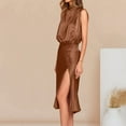 thumbnail image 6 of Summer Savings Clearance! Edvintorg Women Summer Formal Mock Neck Sleeveless Satin Dress Elastic Waist Slit Midi Wedding Guest Dresses 2024 Coffee S, 6 of 6