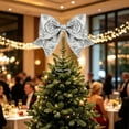 thumbnail image 4 of 1pcs Christmas Tree Topper Ornament,Metal Spring Base Glitter Bow Christmas Tree Toppers,Xmas Hanging Ornament for Holiday Party Indoor Outdoor Wreath Stairs Decoration,11.81x13.78 inch(Z5-Silver), 4 of 5