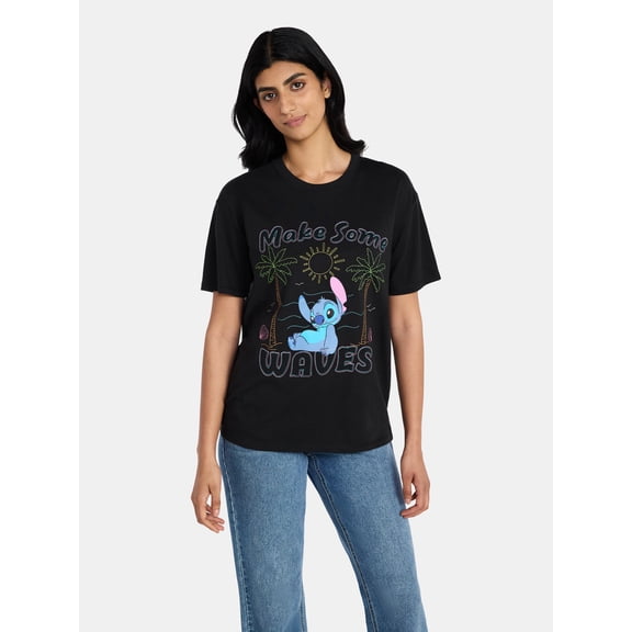 Disney Stitch Women's Embroidered Graphic Tee with Short Sleeves, Sizes XXS-XXL