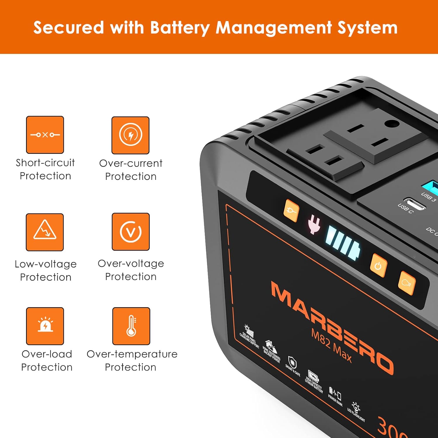 MARBERO Portable Power Station 111Wh Camping 30000mAh Portable Power Bank with AC Outlet, USB QC3.0, LED Flashlights for CPAP Home Office Camping Emergency Backup