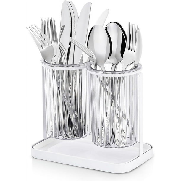 Countertop Silverware Fork and Spoon Holder, Countertop Plastic Silverware Organizer, Silverware Caddy with Drainer, Clear