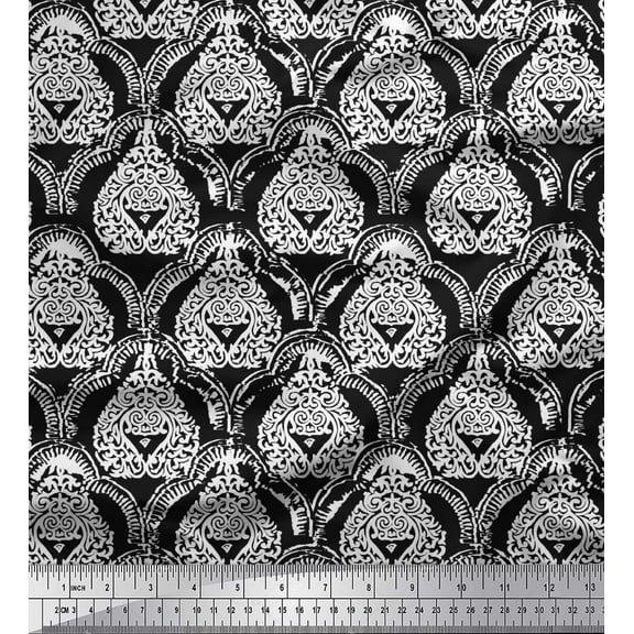 Soimoi Crepe Silk Fabric Damask & Floral Block Fabric Prints by Yard 42 Inch Wide