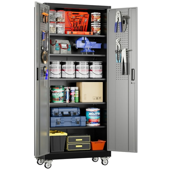 SUPEER Metal Garage Storage Cabinet, 71 Inches Tall Lockable Storage Cabinet with Door and 5 Adjustable Shelves for Office and Home, Assembly Required