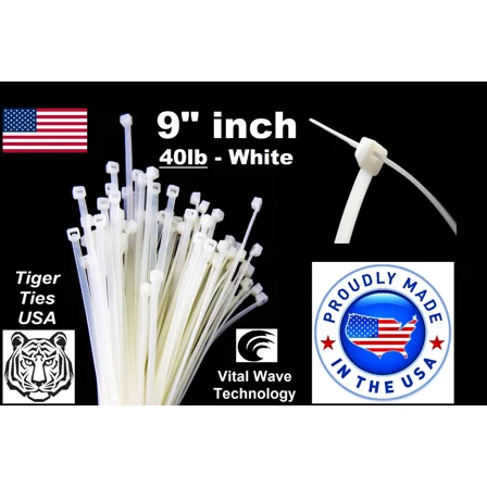 100 White 9" Inch Wire Cable Zip Ties Nylon Tie Wraps 40Lb Usa Made Tiger Ties