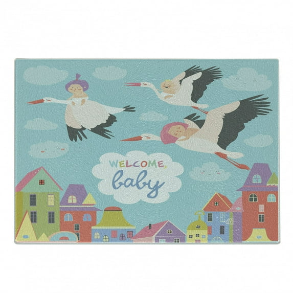 Party Cutting Board, Storks Flying over Town Delivering Cartoon City Announcement, Decorative Tempered Glass Cutting and Serving Board, Small Size, Multicolor, by Ambesonne