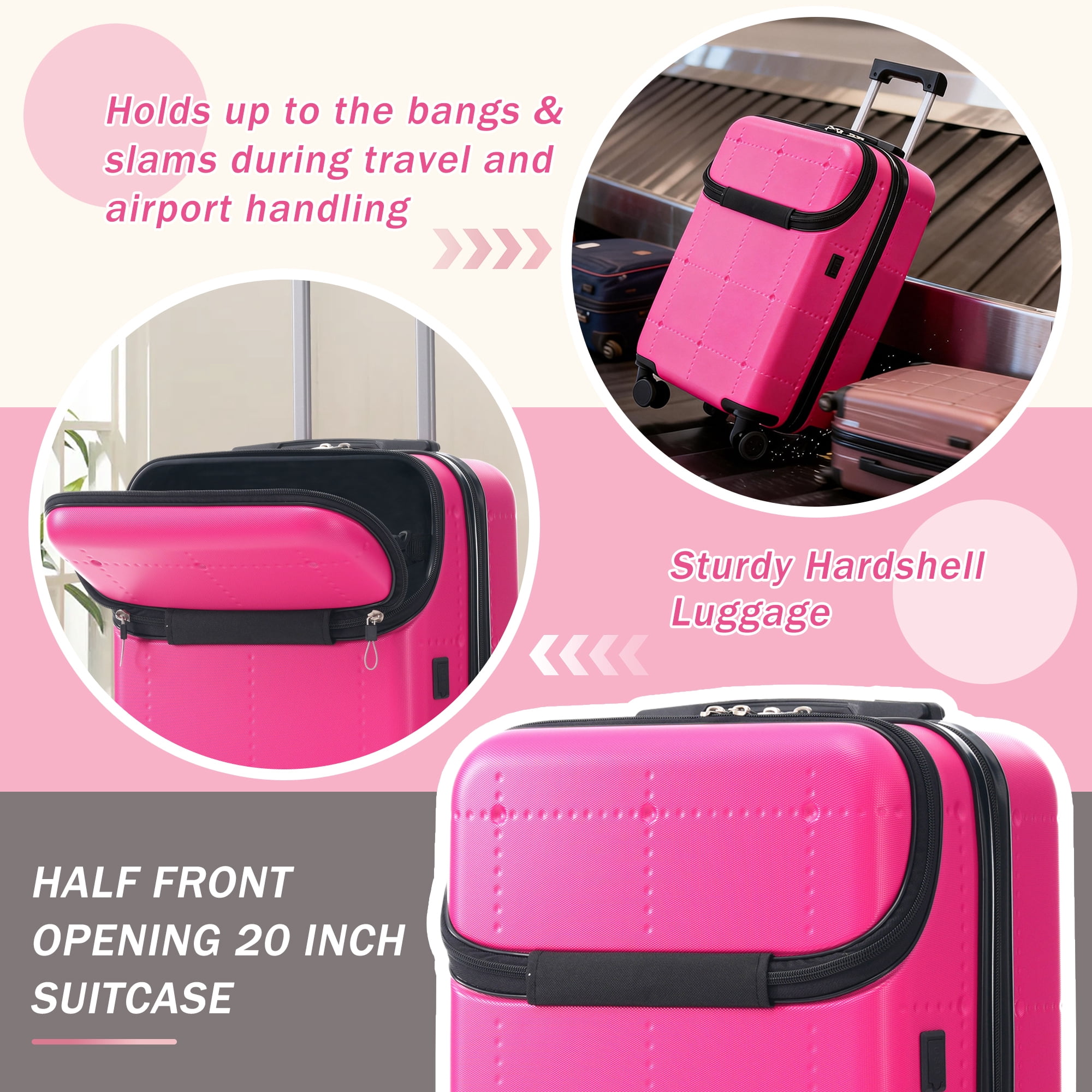 Euroco Luggage Sets 5 Piece, ABS Hardside Expandable Suitcase Set with TSA Lock Spinner Wheels and 2 Bags,20" Half-opening Carry on Luggage with USB Port for Travel,Pink(20"/24"/28")