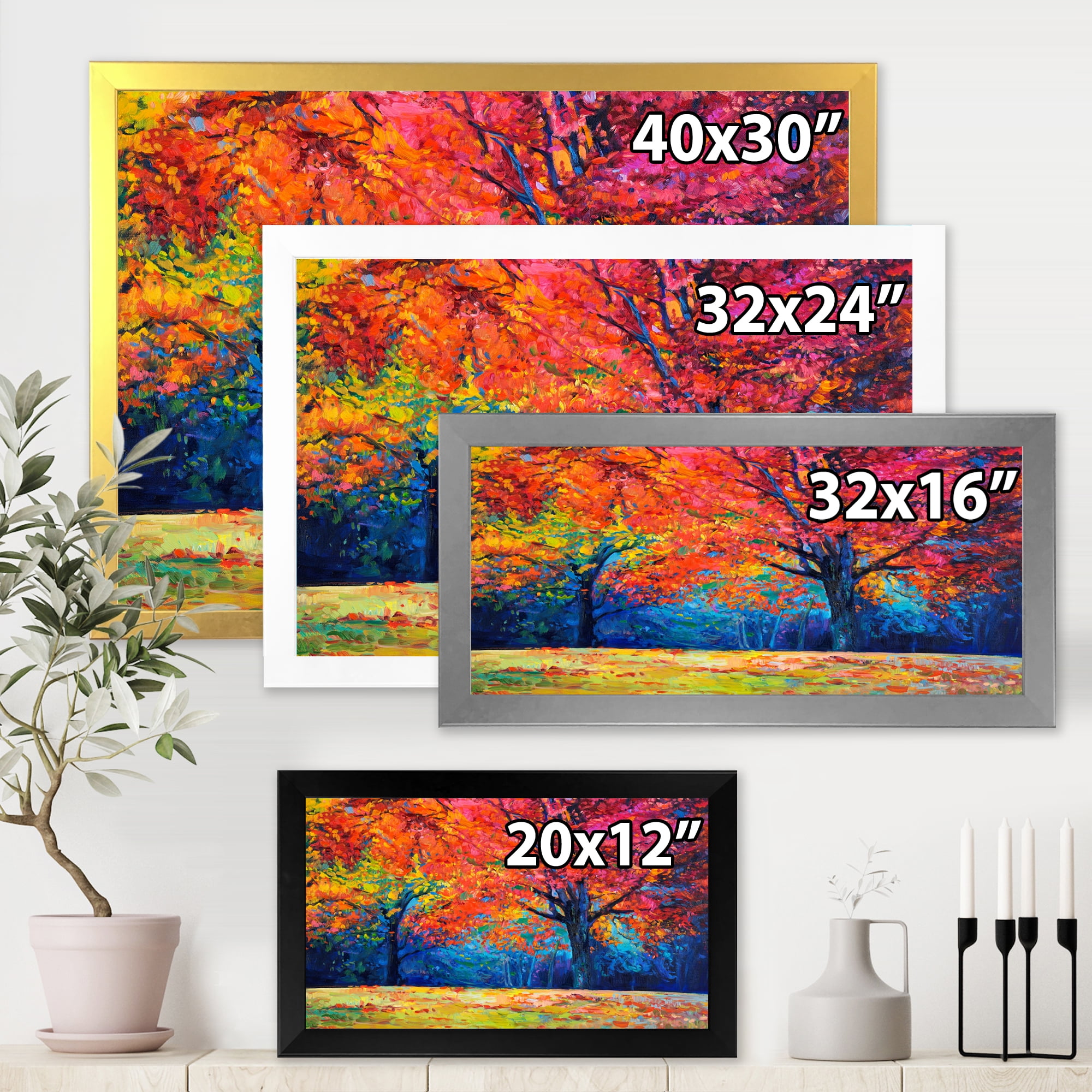 Designart 'Abstract Vibrant Red Tree In Autumn Landscape' Traditional Framed Art Print