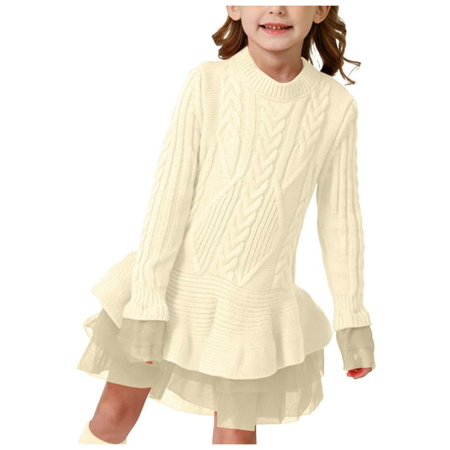Splozh Robe de Fête à Manches Longues pour Fillette, Vêtements d'Automne et d'Automne, Robe en Maille à Motif Beige, 6-7 Ans