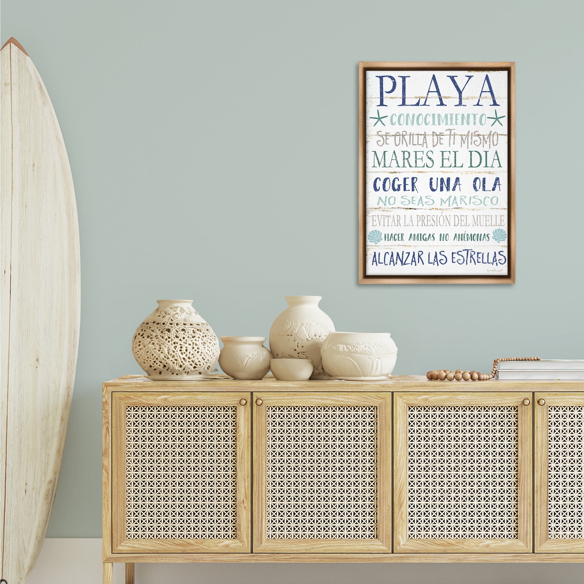 Stupell Industries Frases Felices De Playa Beach Painting Brown Floater Framed Art Print Wall Art, 21 x 31