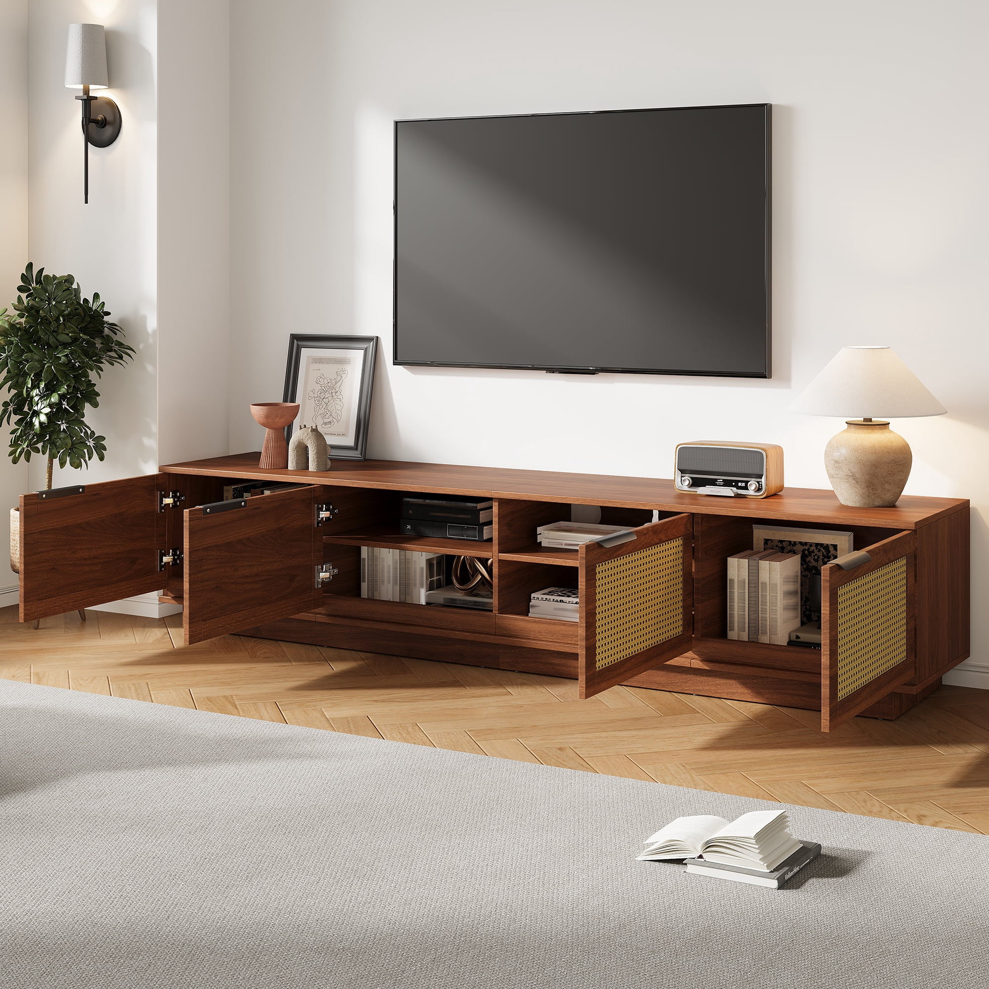 TV Stand for TVs up to 85 Inch, Rattan Media Console with 4 Storage Cabinets, Entertainment Center with Soft-Close Hinges for Living Room
