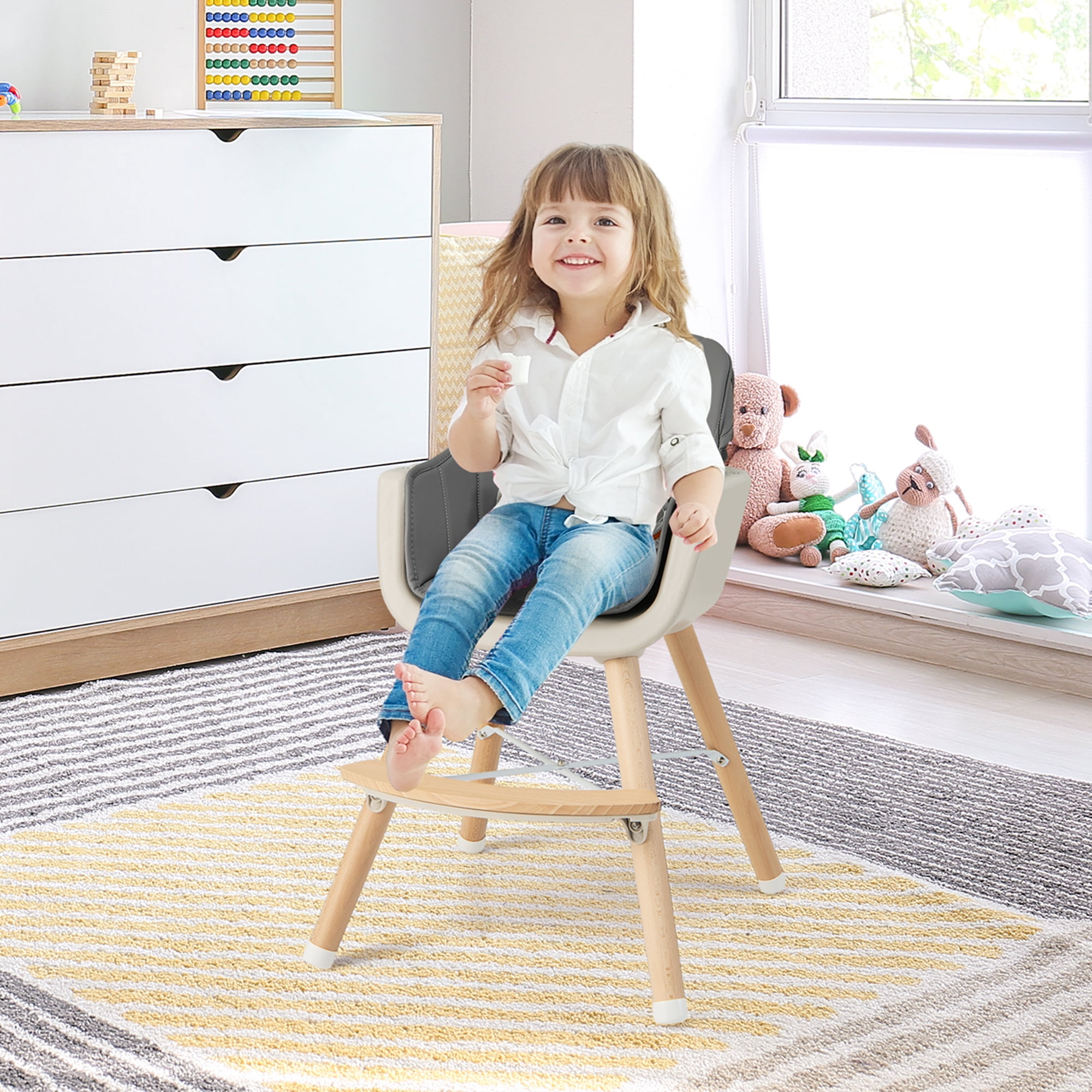 Babyjoy 3 in 1 Convertible Wooden High Chair Toddler Feeding Chair with Cushion Dark Gray