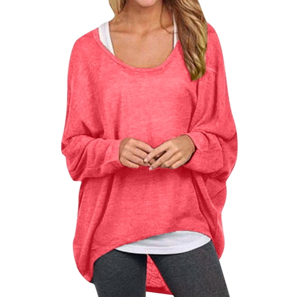 Gibobby Suéter Divertido con Cuello Rojoondo Suéter de manga larga de murciélago para mujer, blusas con hombros descubiertos, suéter holgado de tamaño, camisas informales, blusas (Rosa, XL)