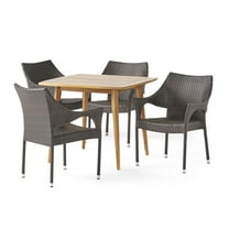 GDF Studio Elderon Outdoor Acacia Wood and Wicker 5 Piece Dining Set, Multibrown and Teak