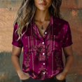thumbnail image 2 of QASIEATN Women's Retro Shirt Women's Satin Printed Short Sleeved Shirt Vacation Style Shirt, 2 of 7