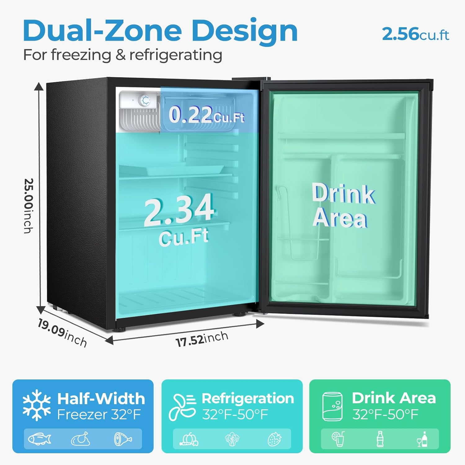 2.56 Cu.Ft Mini Fridge with Freezer,Small Refrigerators with 7 Adjustable Thermostat,Low Noise,Energy Saving,Compact Refrigerators for College Dorm,Office,Bedroom,Apartment,Stainless Steel Sliver