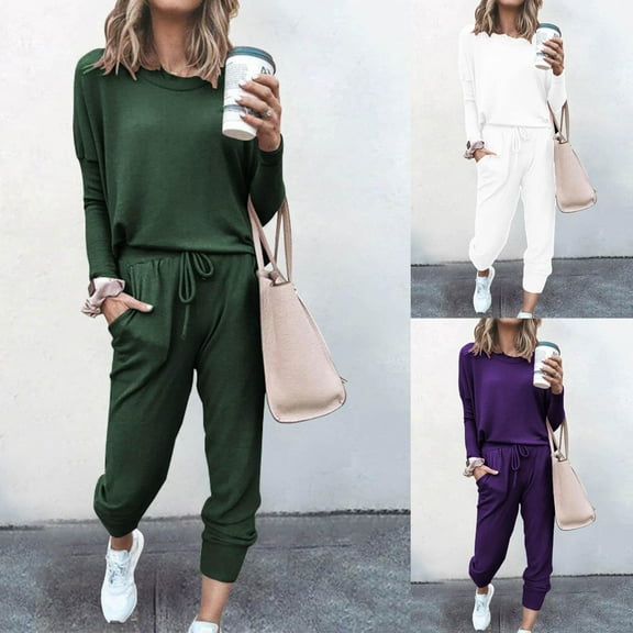 Women's Sweatsuits 2 Piece Outfits Long Sleeve Casual Loose Solid Color Winter Army Green Sweatpants Lounge Set Sweatsuits ( L )