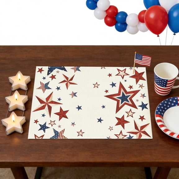 QuanTara Patriotic Linen Placemat, 17.72x11.81in Red White & Blue Place Mat for 4th of July, Memorial Day, Veterans Day, BBQs, and Holiday Table Decor