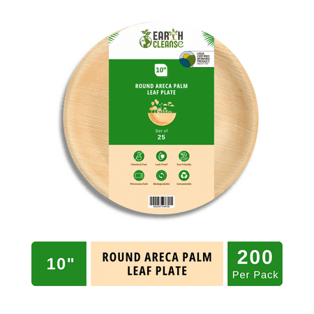 Earth Cleanse 10" Round Areca Palm Leaf Plate ,200 Pack