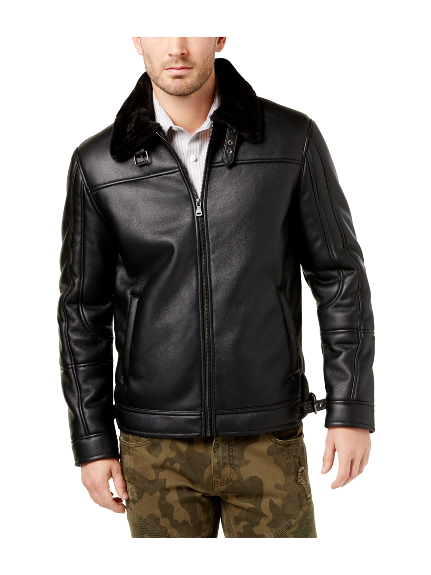 INC Mens Faux Leather Bomber Jacket black M Walmart Canada