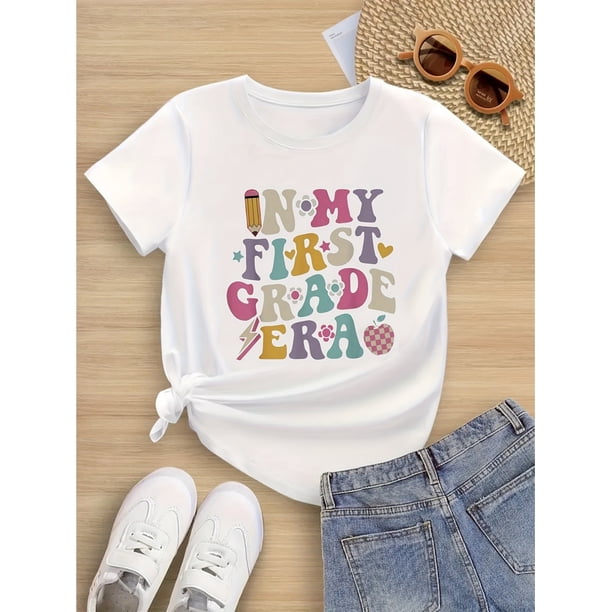 Girls' 100% Cotton Short Sleeve T-Shirt - "In My First Grade Zero" Graphic Tee with Playful Hearts, Stars & Apples, Round Neck Casual Top for Ages 6-14, All-Season Comfort, Shirts for Girls