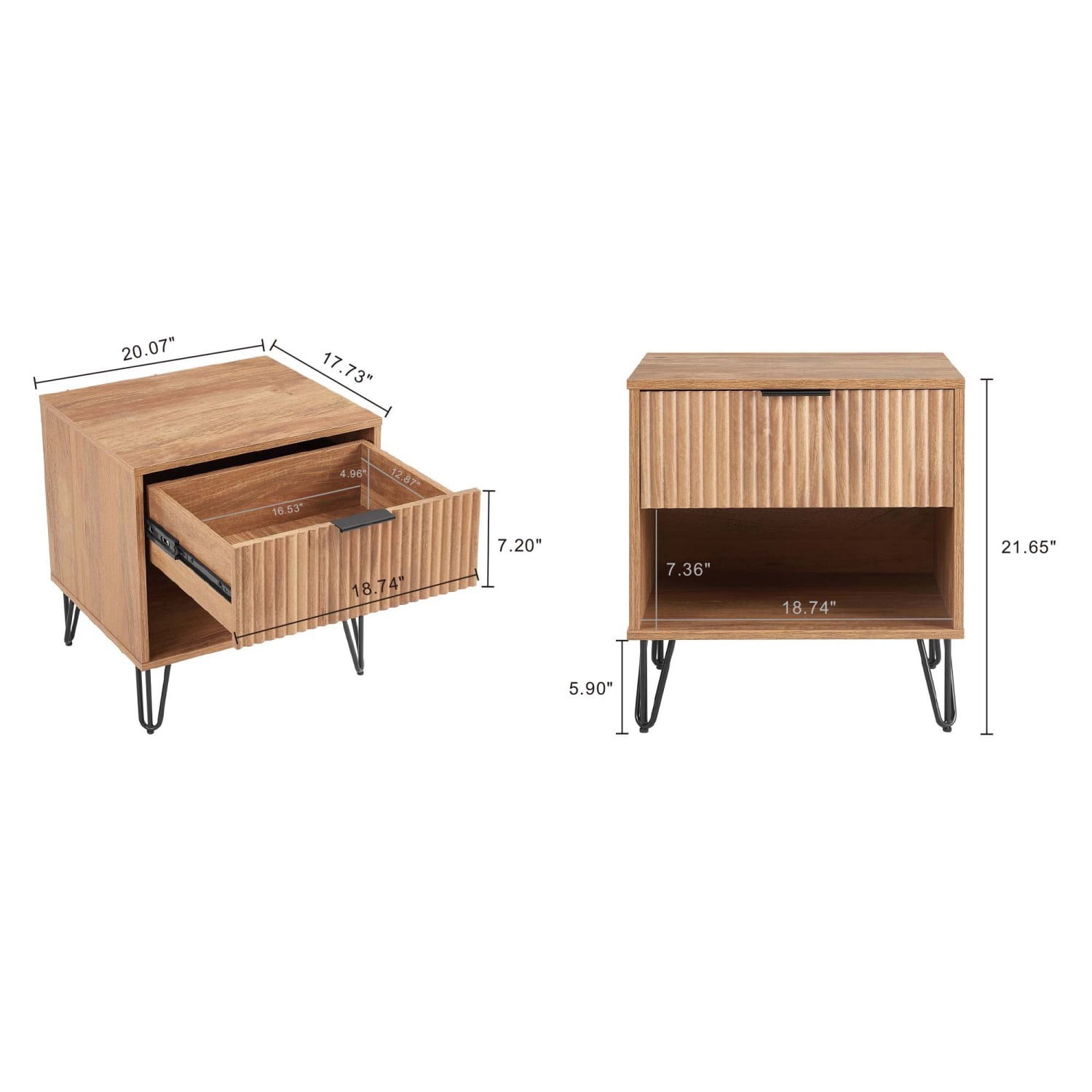 Nightstand, Modern Glam Bedside Table with 1 Drawer, Vertical Ribbed Texture, Gold Handle and Splayed Metal Legs, Storage End Table for Bedroom Living Room, Brown