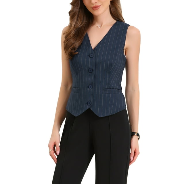 Chaleco de mujer sin mangas con cuello en V, botones y rayas, estilo moderno, atuendos casuales, M, azul oscuro