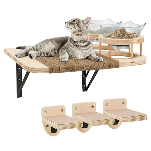 Cat Wall Shelves with 3 Steps, Cat Hammock and Perches, Cat Wall Furniture Set Climbing Shelves with 2 Food Shelf and Plush Covered