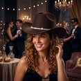 thumbnail image 5 of Western Cowboy Hats for Women Classic Felt Wide Brim Fedora Hat with Belt Buckle Retro Panama Hat Unisex Rolled up Cap Brown One Size, 5 of 5