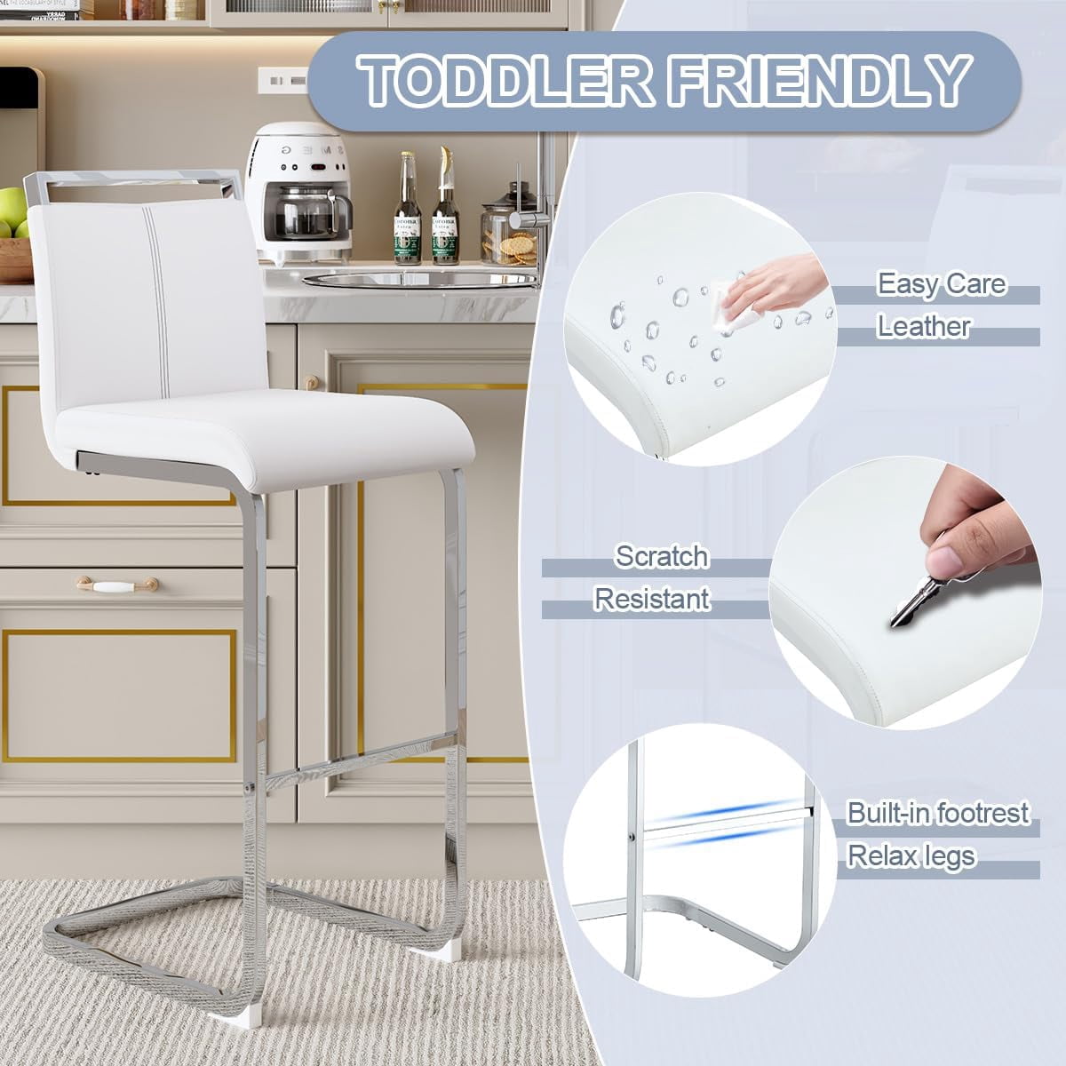 Lecut 30" Counter Height Bar Stools Set of 4, Modern Upholstered PU Leather Bar Stools with Back and Silver Chrome Plated Metal Frame, Armless Bar Chairs for Kitchen Island (White+Silver)