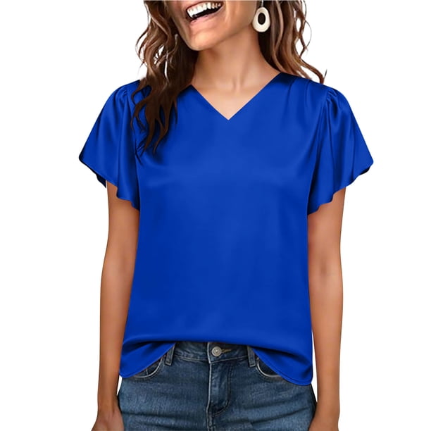 TaTaai Women's V-neck short sleeve top, solid color, ruffled sleeve design, casual stylish, soft breathable fabric, pullover style, ideal for daily outings & brunch dates Gift