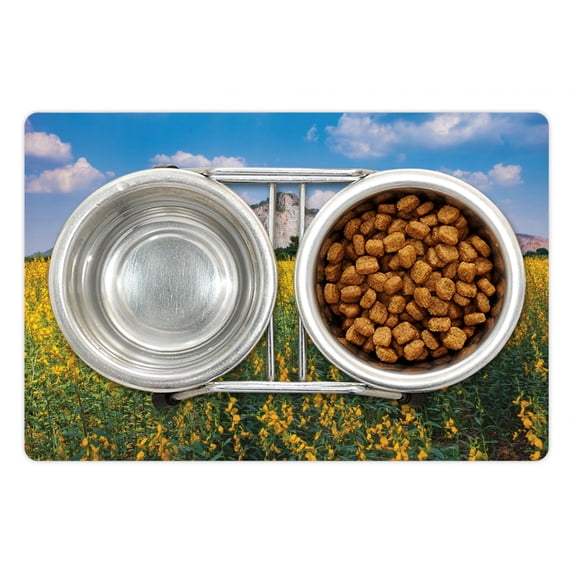 Kansas Pet Mat for Food and Water, Spring View of Yellow Sunhemp Flowers Field in a Meadow Photo, Non-Slip Rubber Mat for Dogs and Cats, 18" X 12", by Ambesonne