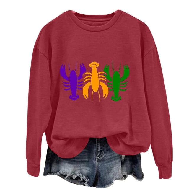Baberdicy Haut à Manches Longues à Col Ras du Cou pour Femme à Imprimé Homard Bordeaux Polyester