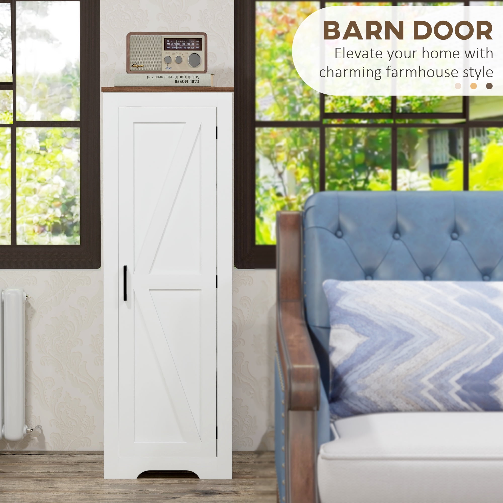 HOMCOM Farmhouse Storage Cabinet with Adjustable Shelf, Single Barn Door Accent Cabinet for Living Room, Floor Pantry Cabinet, White