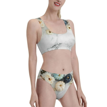 Picia Pumpkin And White Marble Women s High Waisted Bikini Scoop Neck Swimsuit Two Pieces Bathing Suit-X-Large