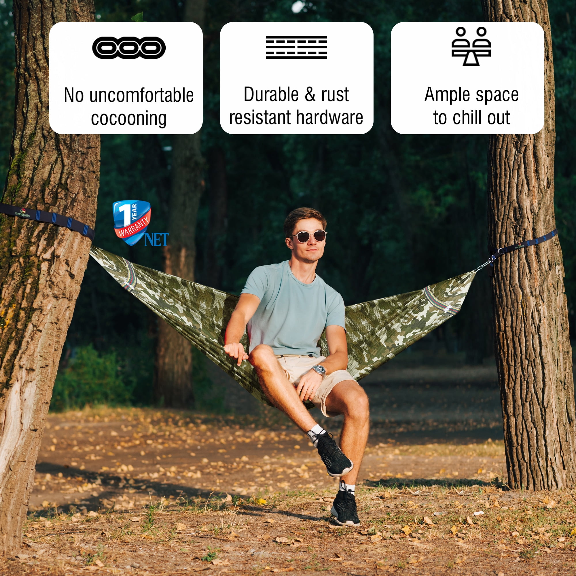 Tranquillo Uniki Double Hammock 2 Persons Polyester 550 lbs Capacity Hammock and Tree Straps, Camo
