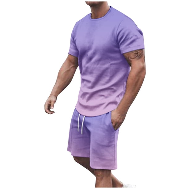Mens Pantalones Casuales Cuello Redondo Impresión de Manga Corta Blusa Y Pantalones Cortos Traje, Pantalones de Traje para Hombres