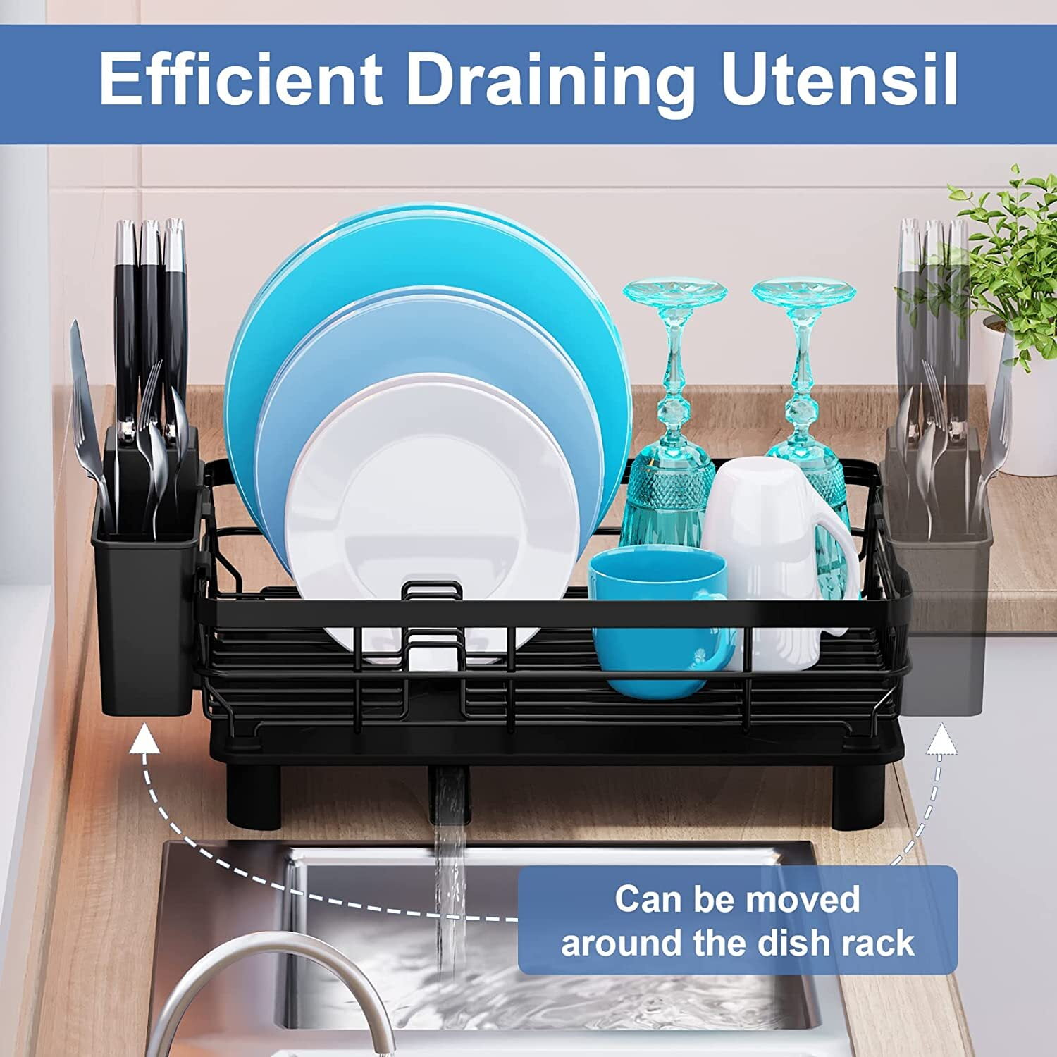Dish Drying Rack, Dish Racks for Kitchen Counter, Dish Drying Rack for Kitchen Counter with Removable Dish Drainer, Dish Dryer Rack with Drainboard and Swivel Spout (Black)