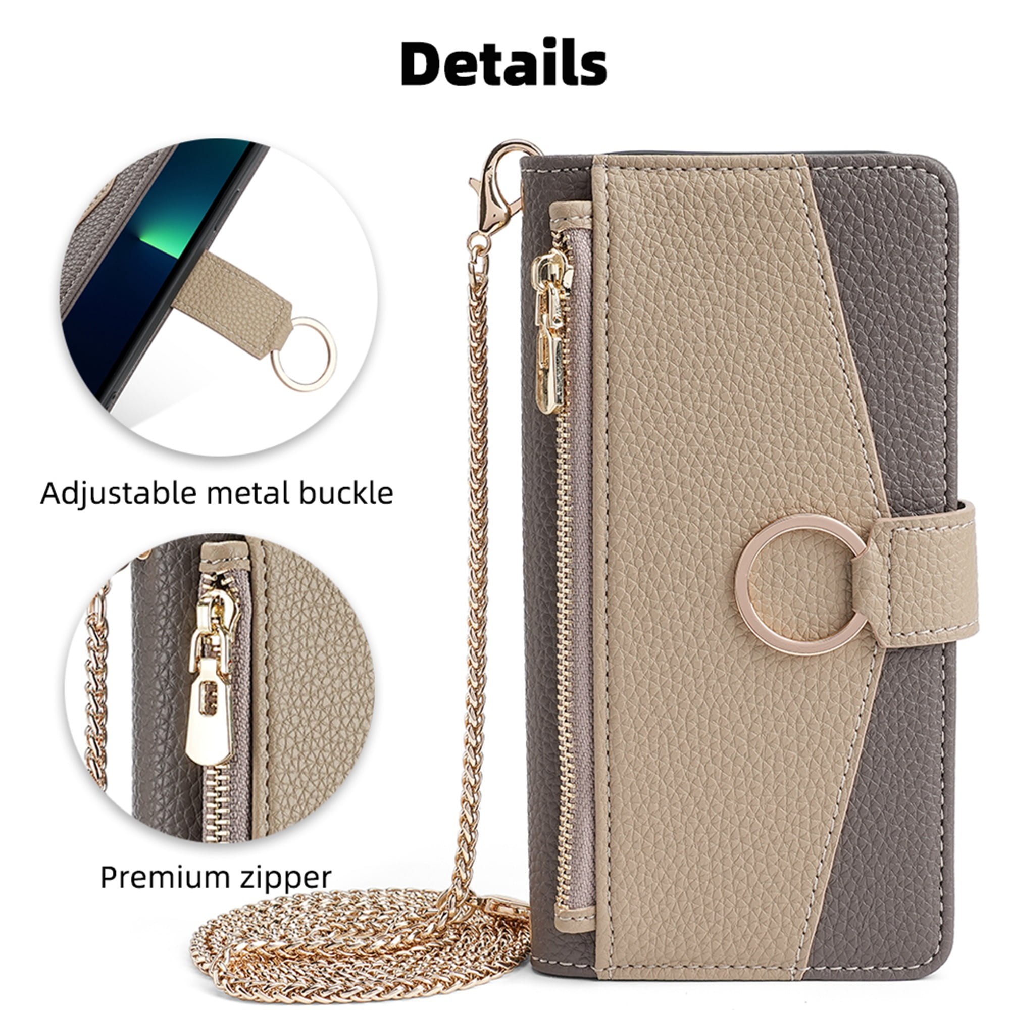 Dteck Crossbody Wallet Case for iPhone 14 Pro Max, Premium Color-Blocking PU Leather Zipper Purse with Card Holder Mini Mirror for Women Girls, Folio Flip Phone Case with Magnetic Closure,Gray