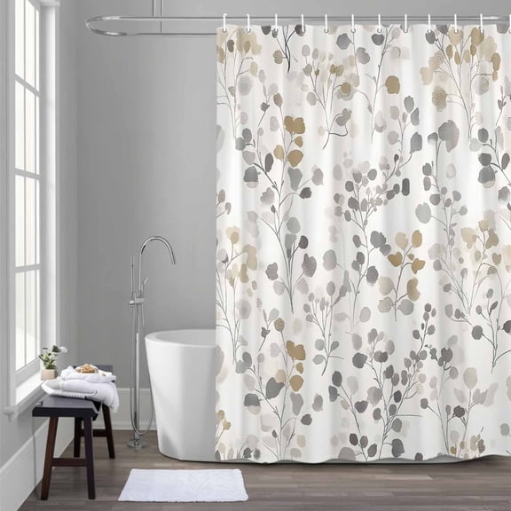 Gray Leaves Shower Curtain for Bathroom Decor, Watercolor Leaf Country Style Farmhouse Retro Waterproof Fabric Shower Curtain, 48"x72" Set with 12 Hooks