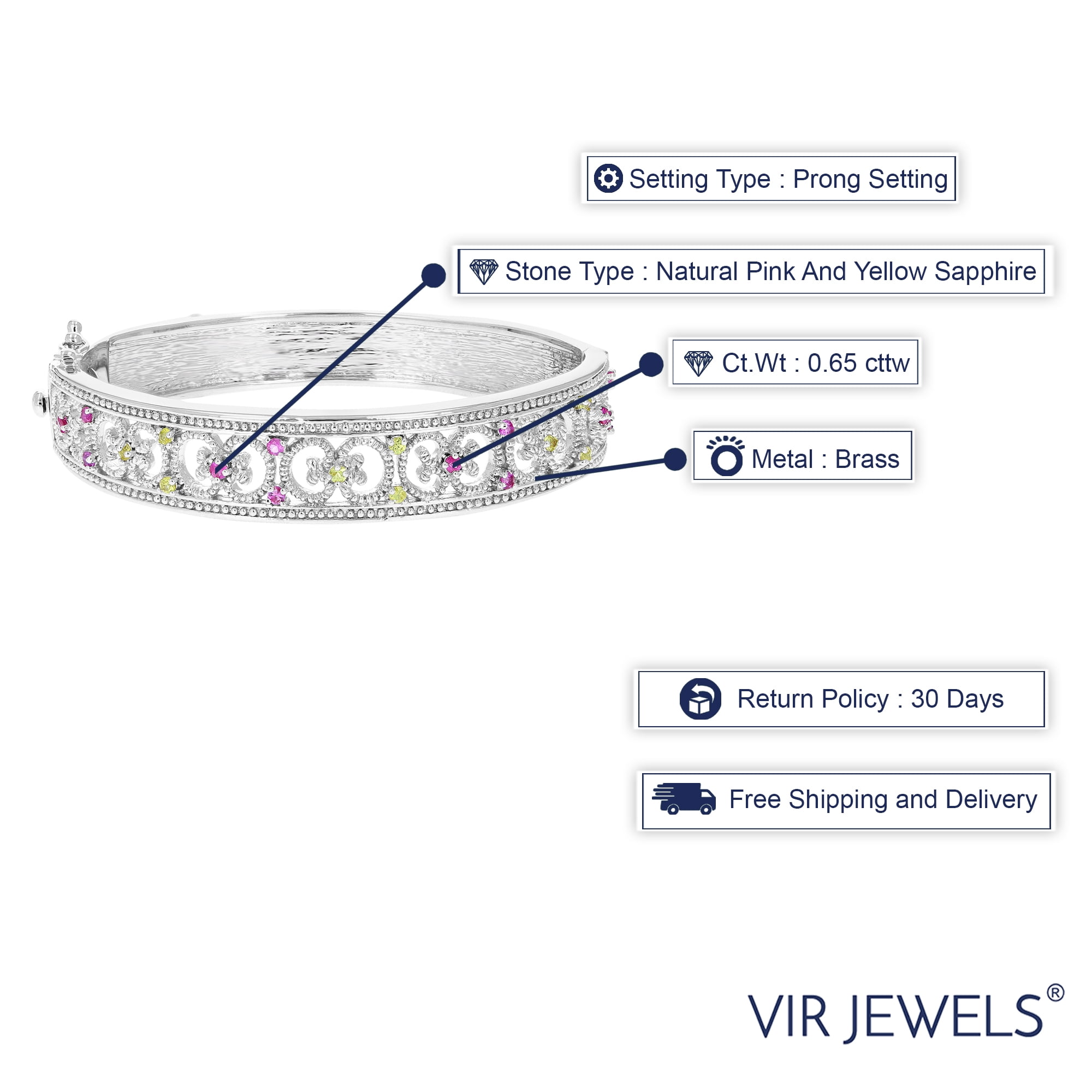 Vir Jewels 0.65 CTTW Pink And Yellow Sapphire Bangle Bracelet in Brass with Rhodium September