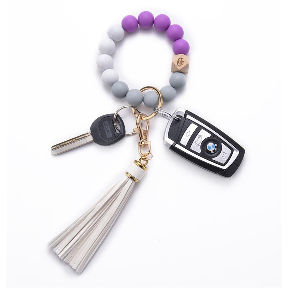 Silicone Key Ring Bracelet Wristlet Keychain Unique Beaded Bangle Key Chains for Women with Leather Tassel 