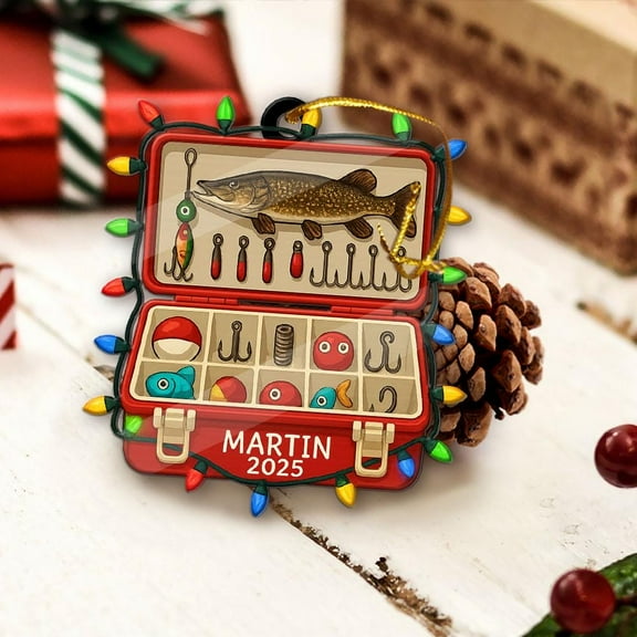 Personalized Fishing Tackle Box Acrylic Christmas Ornament 2025 Custom Name Angler Holiday Tree Decor, Fisherman Decorative Keepsake with Lights