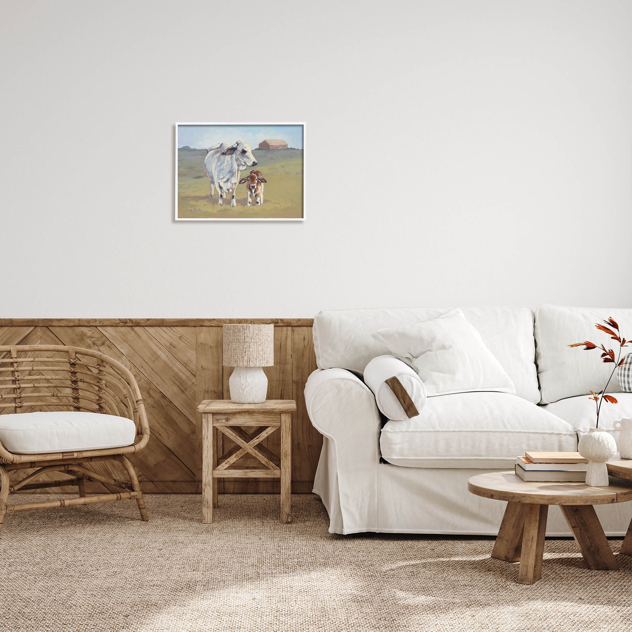 Baby Cow Family Farm Portrait Animals & Insects Painting White Framed Art Print Wall Art