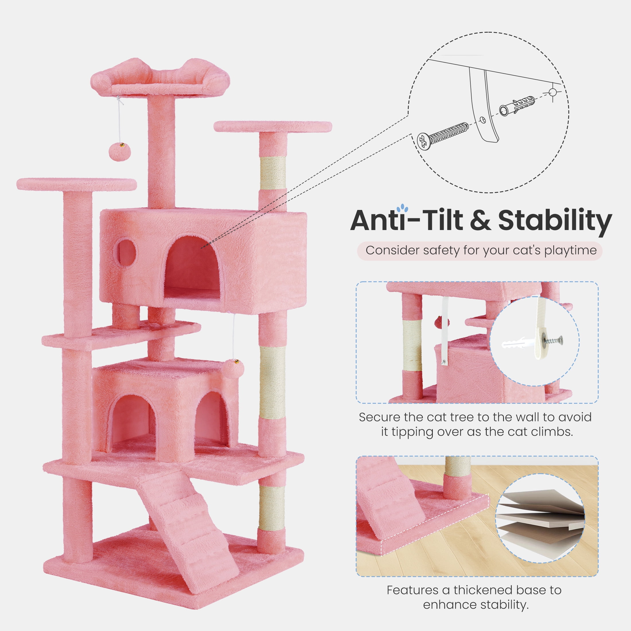 CONCETTA 54in Cat Tree for Indoor Cats, Multi-level Cat Tower with Sisal Scratching Post, Large Perch, Cat Condo, Pink